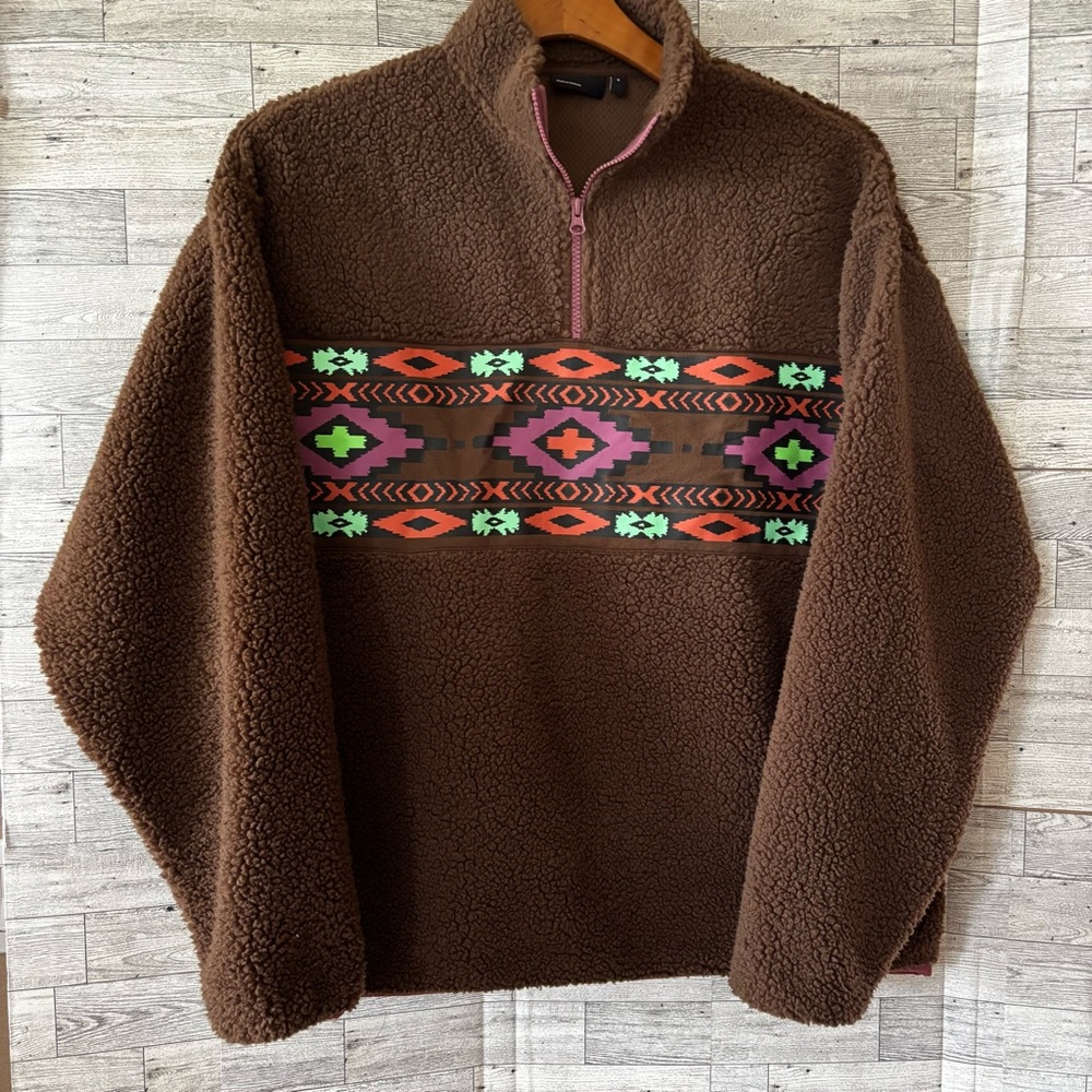 Brown Fleece sweatshirt Asos‎ Oversized Borg Printed Aztec Quarter Zip Medium